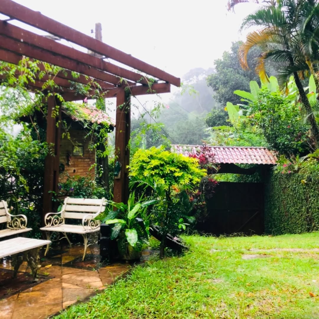 Jardim e pergolado na neblina